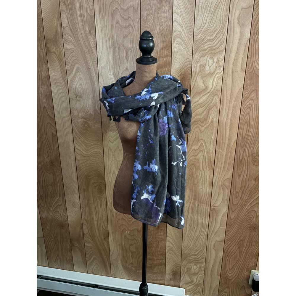 Peter Som Floral Tassel Scarf Blue Purple Grey Watercolor Print Wrap OS